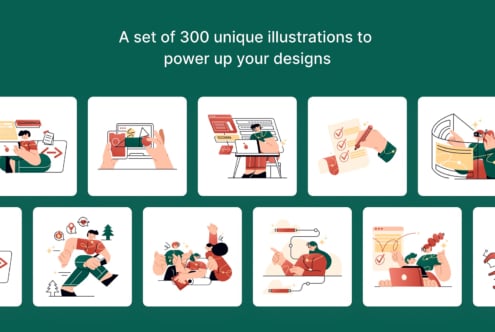 300 colorful illustration scenes showing people working on design tasks, projects, teamwork situations