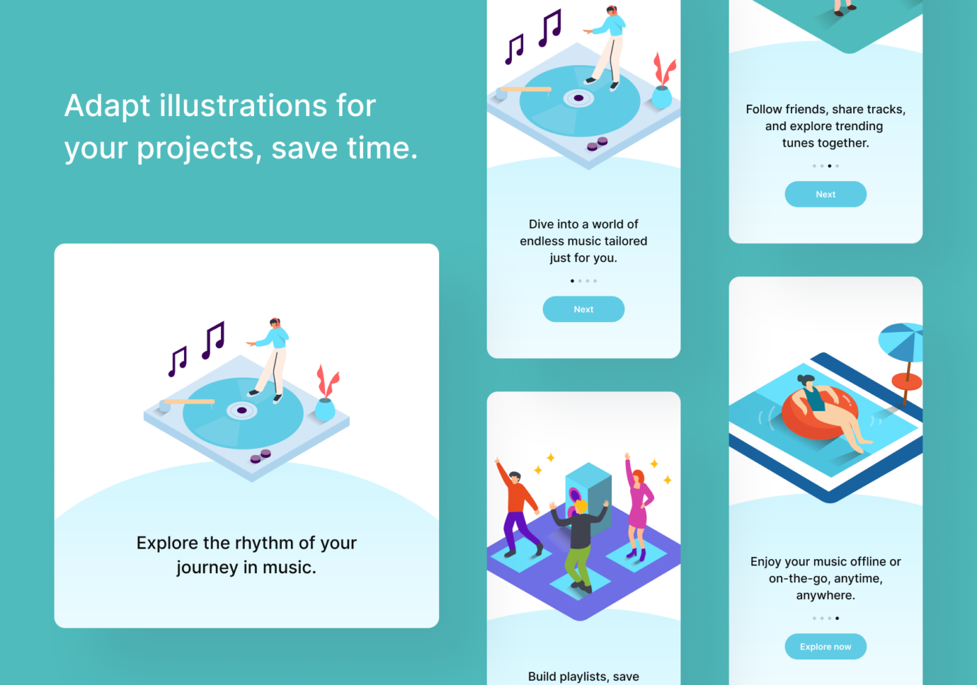 Isometric illustration of person on turntable with music notes, vinyl records, plants in teal blues
