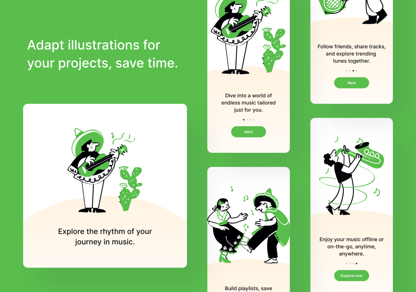 Editable illustration pack with musicians, instruments, cacti in green, black line style for onboarding screens