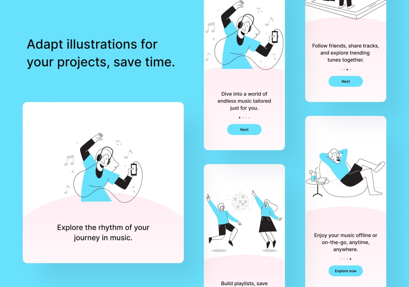 Onboarding carousel with line-drawn characters enjoying music on phones, turquoise accents