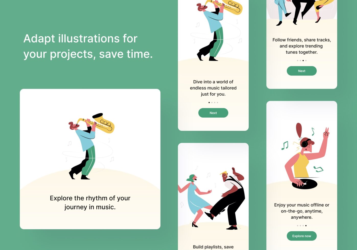 Colorful musician illustration pack showing people playing saxophone, djing, dancing with music notes