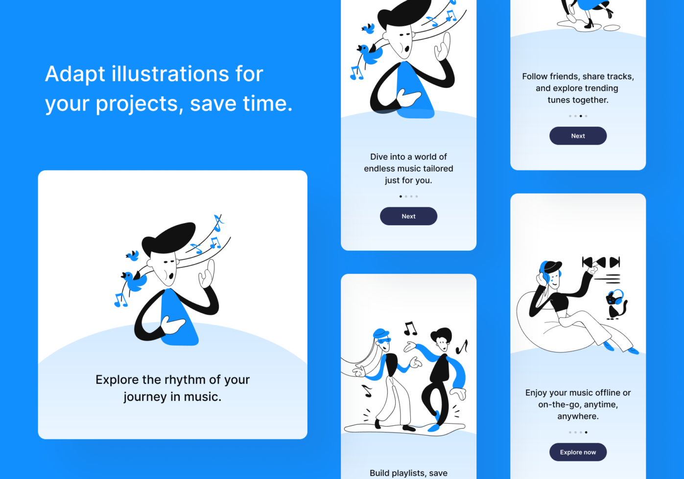 Onboarding screen mockup with music app illustrations on bright blue background