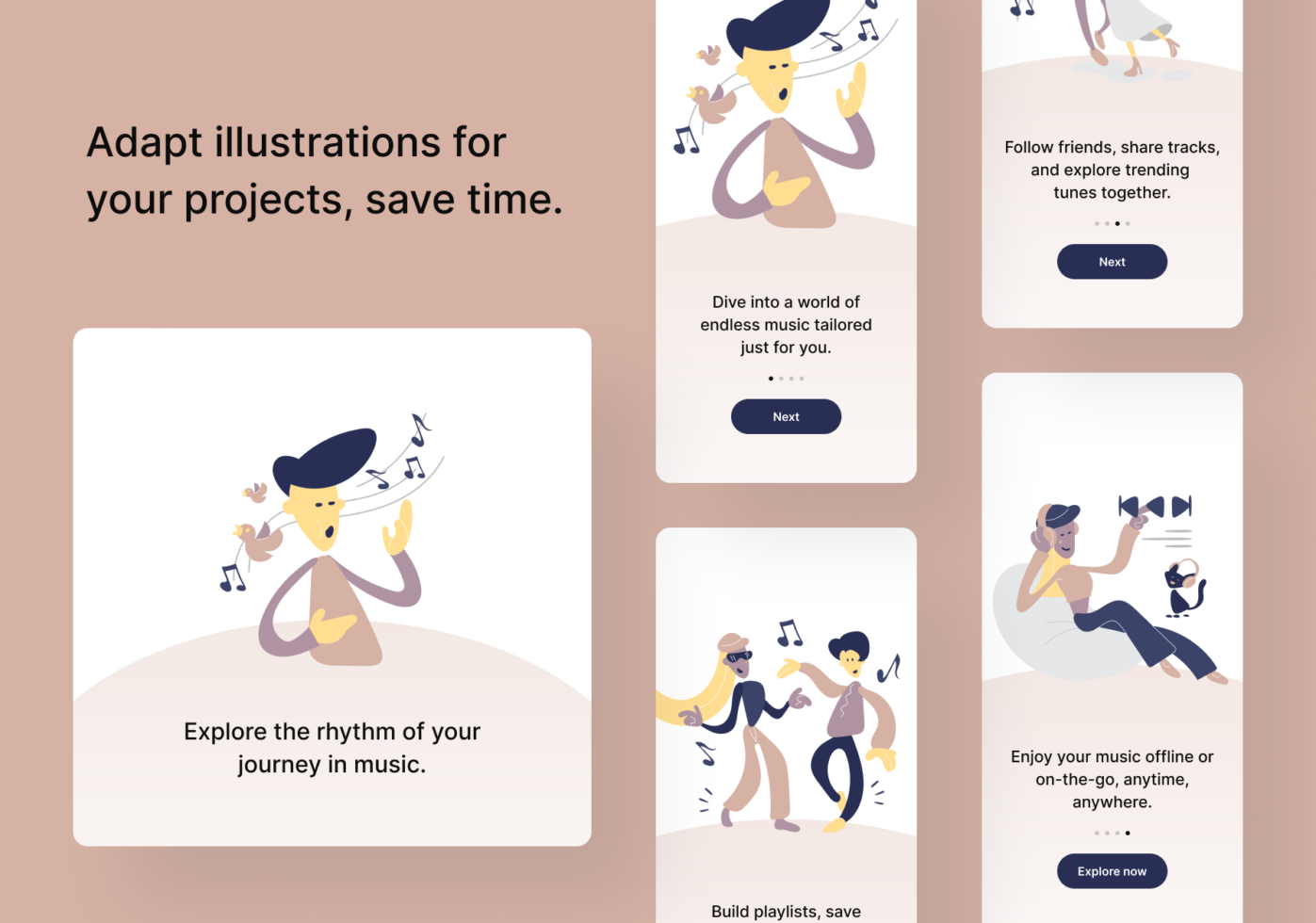Colorful character illustrations for music app onboarding screens with dancing figures, musical notes, soft pastels