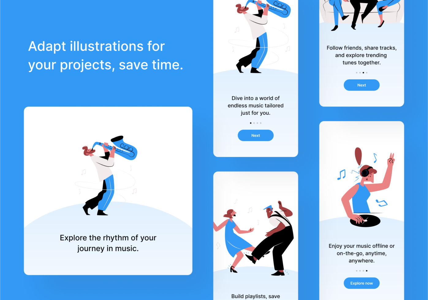 Colorful onboarding carousel showing illustrated characters playing music with saxophones, headphones, dancing.