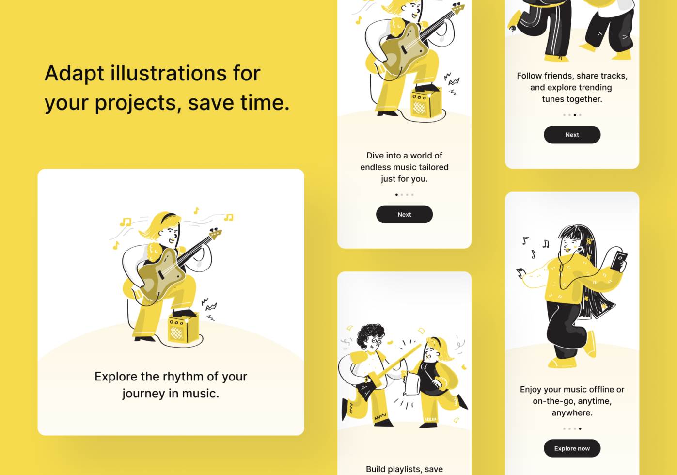 Character playing electric guitar with amp on bright yellow background