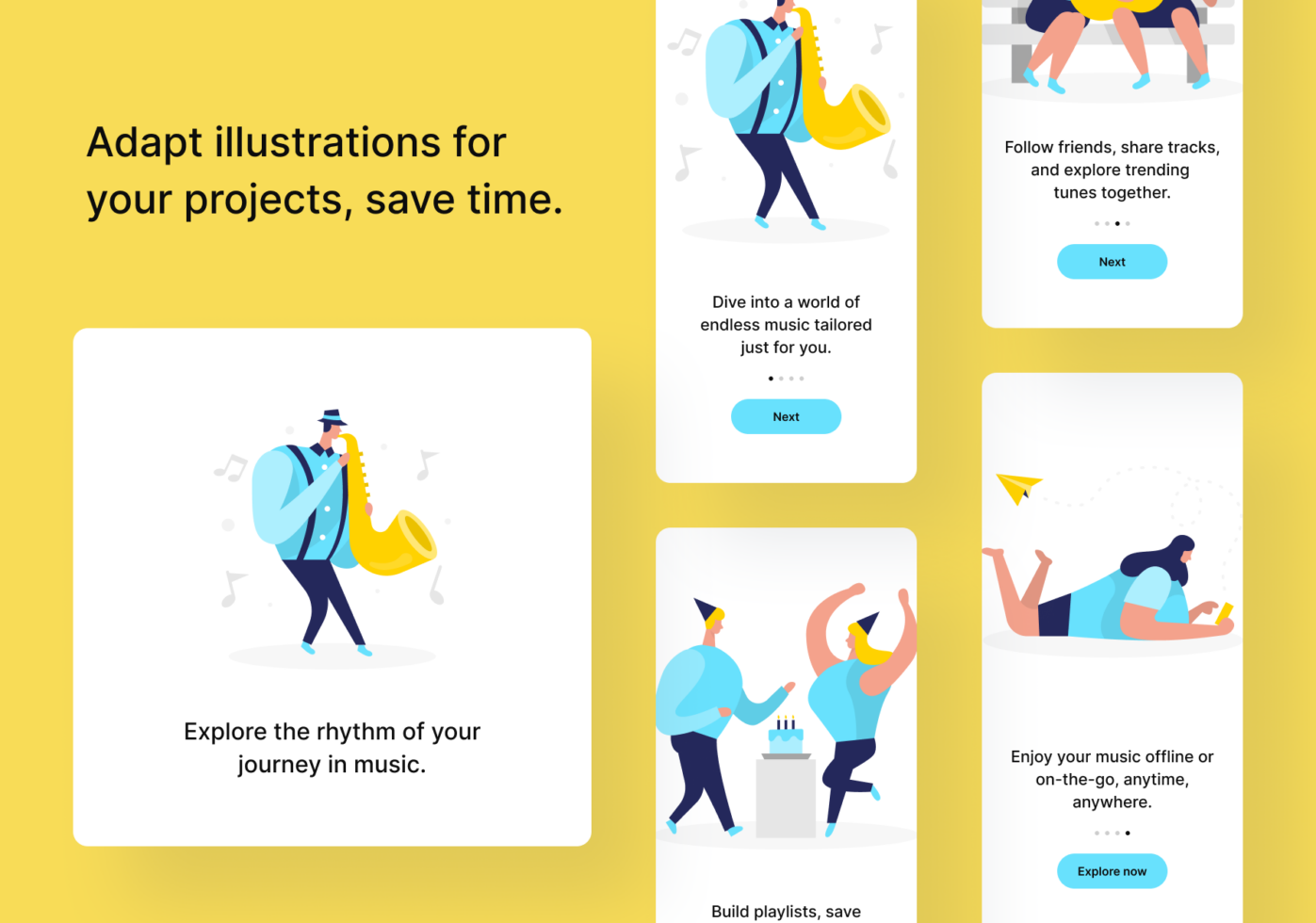 Colorful onboarding screens showing illustrated characters enjoying music with saxophone, dancing, sharing playlists