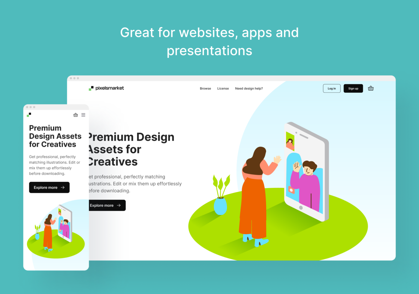 Desktop mockup showing colorful illustration of woman waving at phone screen with people inside