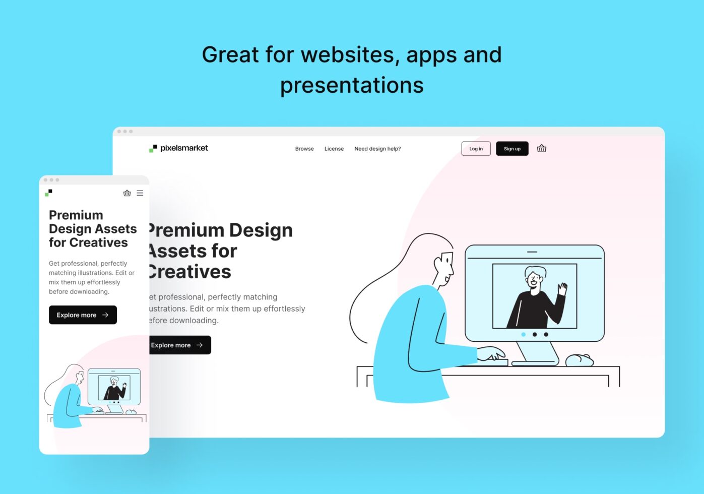 Two browser windows showing Pixelsmarket design asset marketplace with illustration of person at desk on video call