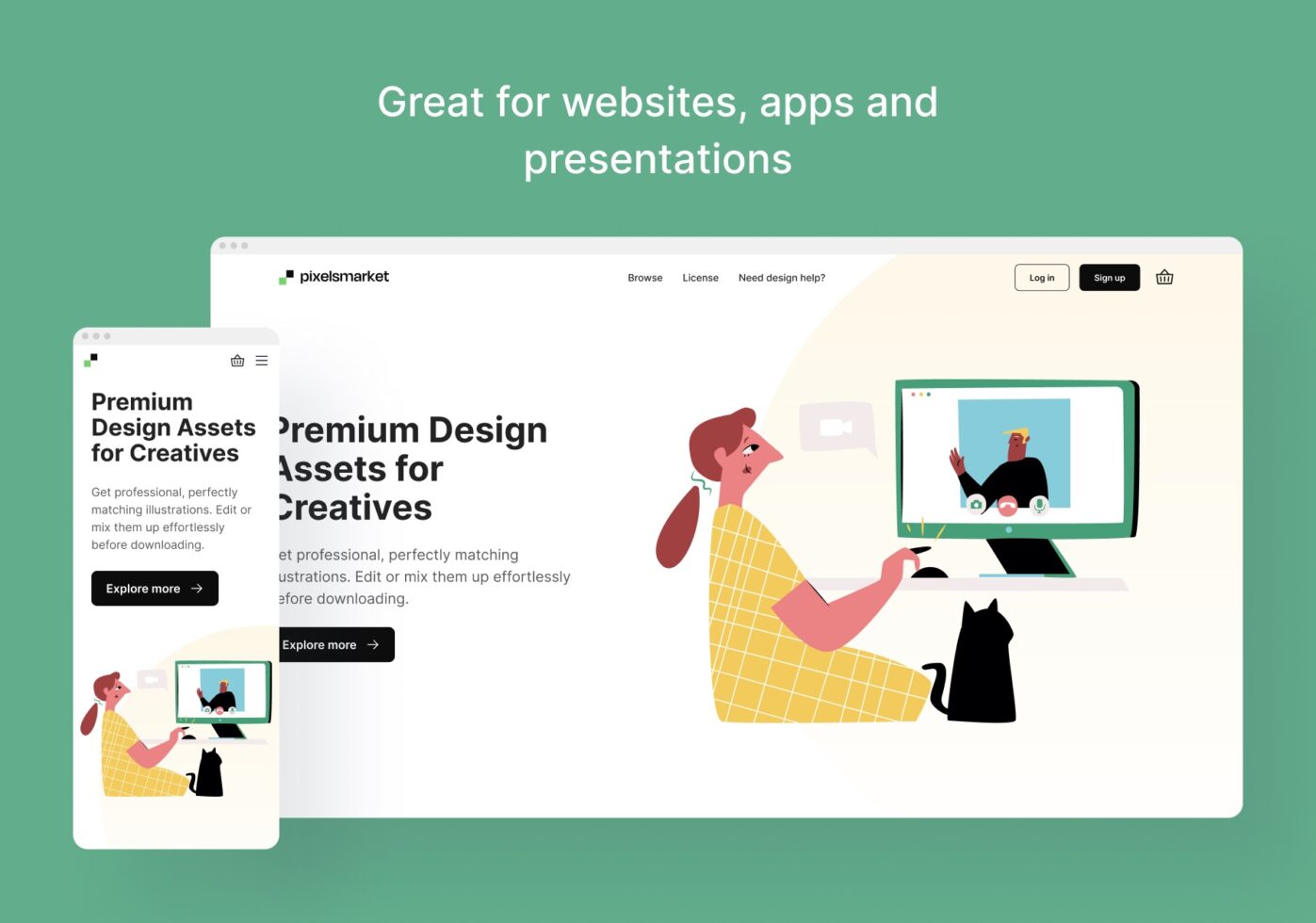 Pixelsmarket website mockup showing designer working with illustrations on multiple screens
