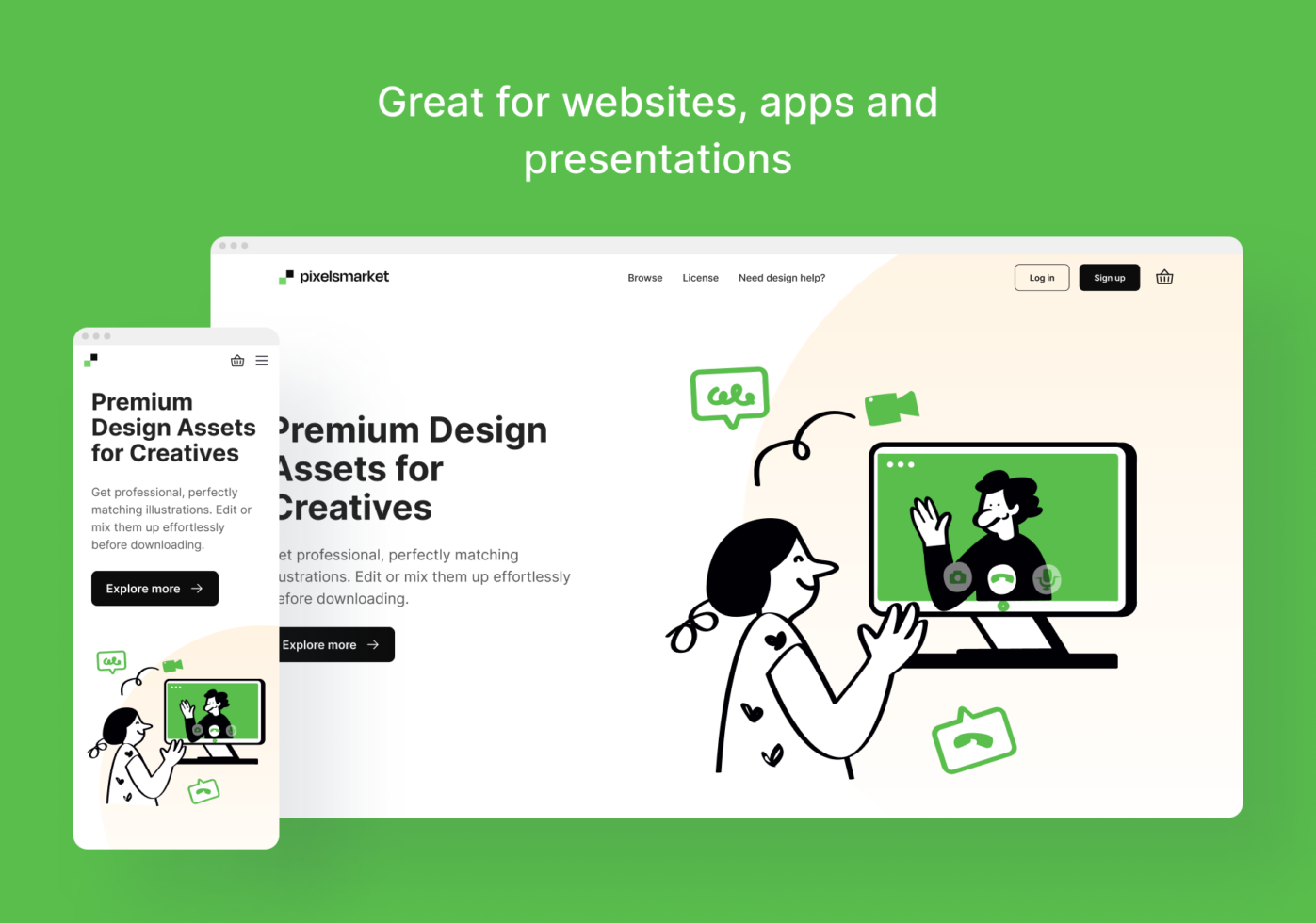 Mockup showing pixelsmarket website with line art illustration of woman at computer on bright green background