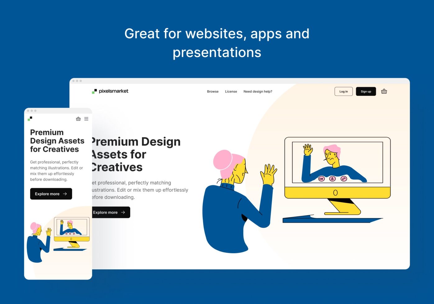 Desktop, tablet, mobile mockups showing Pixelsmarket design asset marketplace with illustrated characters using devices