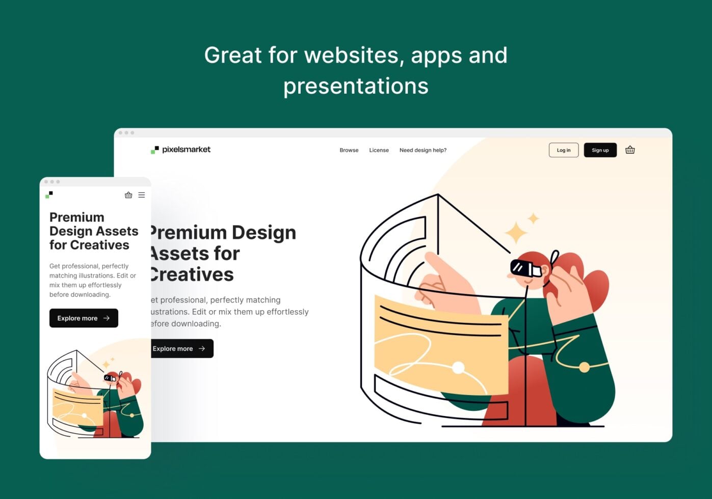 Desktop mockup showing pixelsmarket homepage with illustration of designer working on web interface