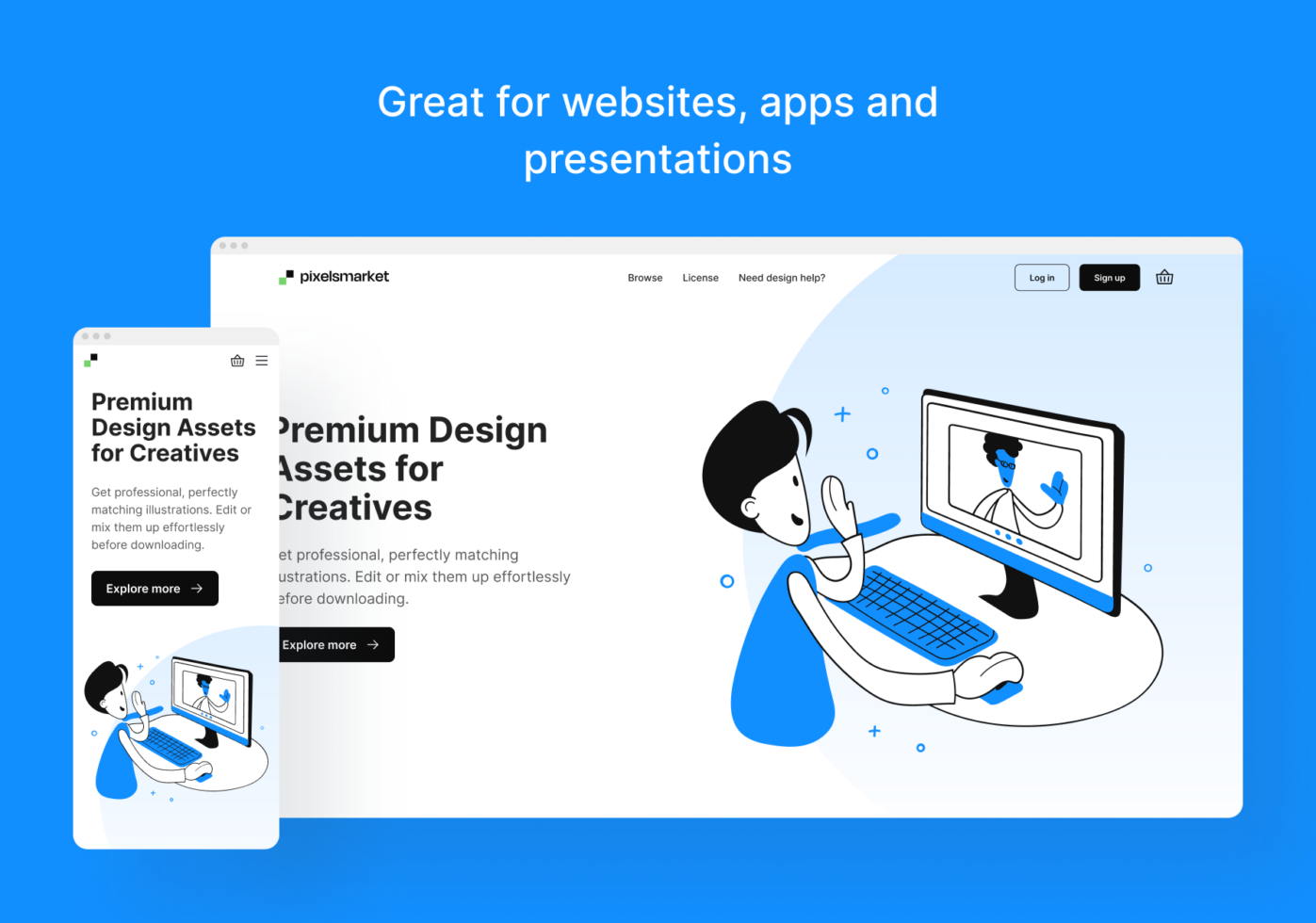 Desktop, tablet, mobile mockups showing illustration character editing on blue background