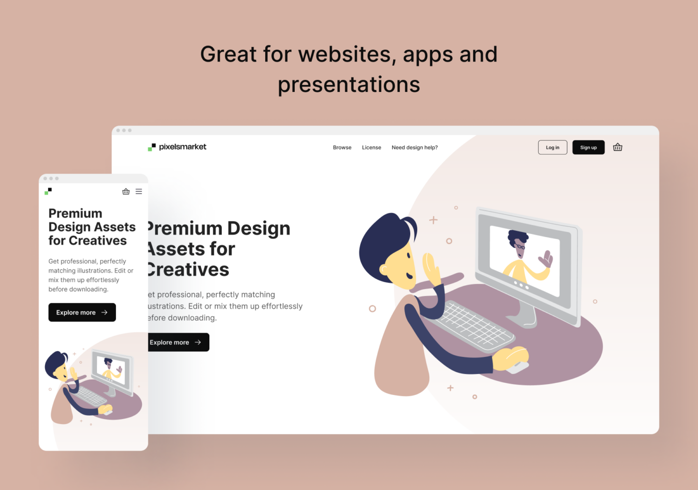 Desktop website mockup showing design marketplace homepage with illustrated character at computer
