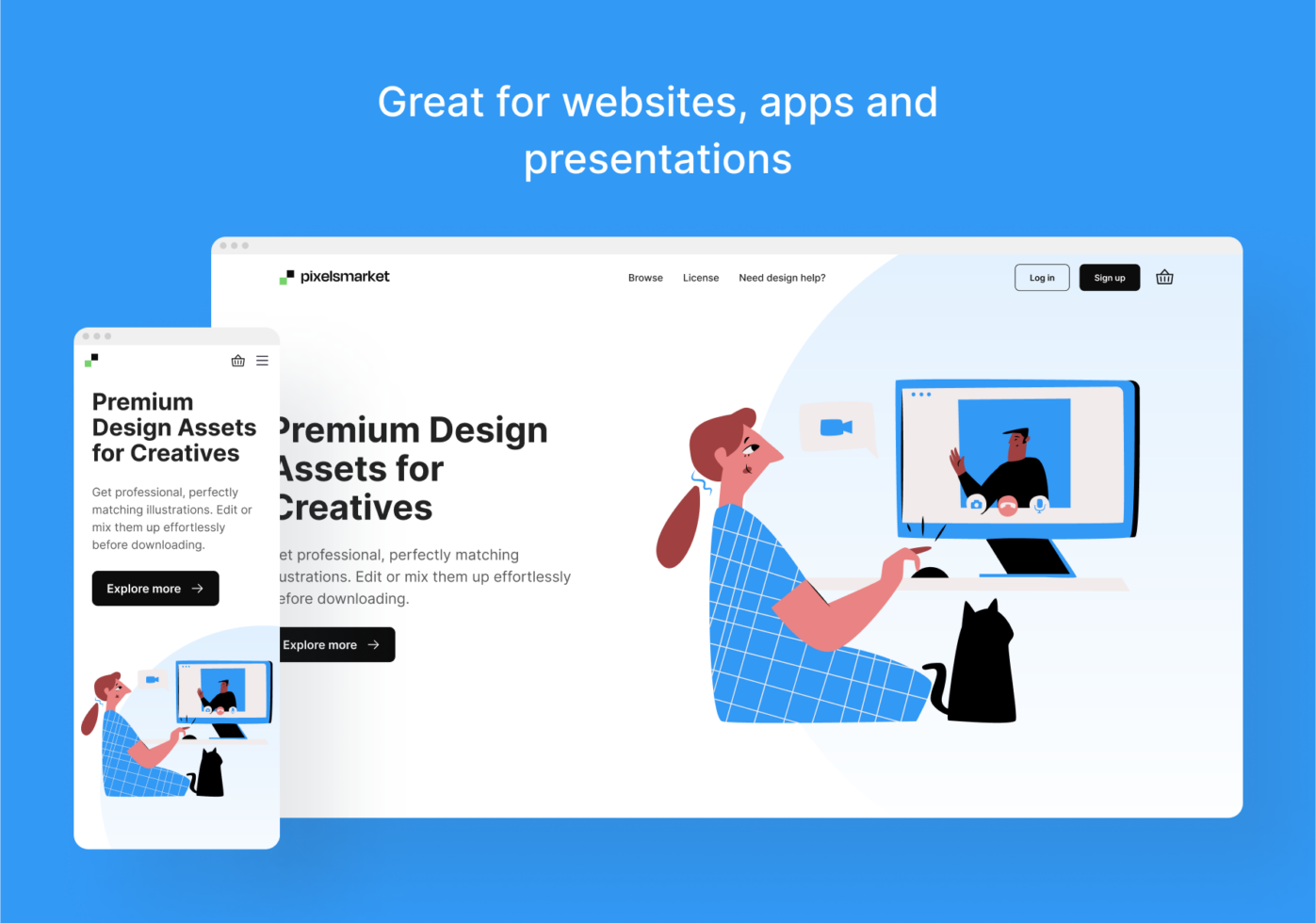 Designer working on laptop with cat, browsing design assets on pixelsmarket website mockup