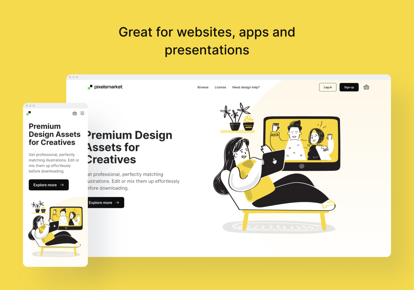 Pixelsmarket mockup showing website, tablet, phone layouts with illustrated characters on bright yellow background