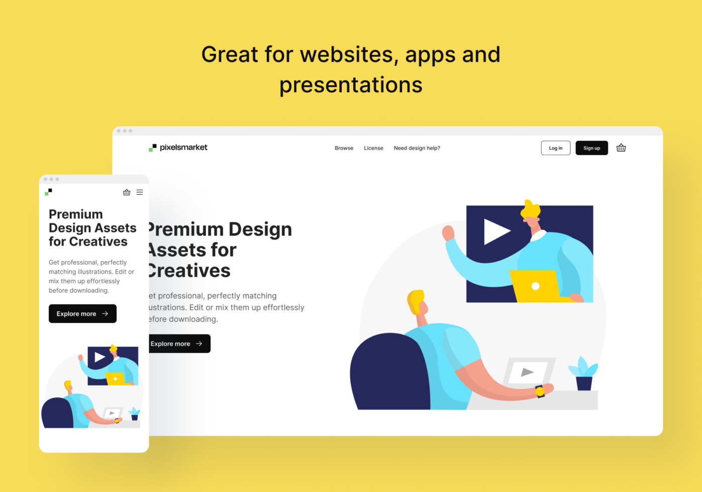 Colorful website mockup showing desktop, tablet, mobile layouts with illustrated characters working on design projects