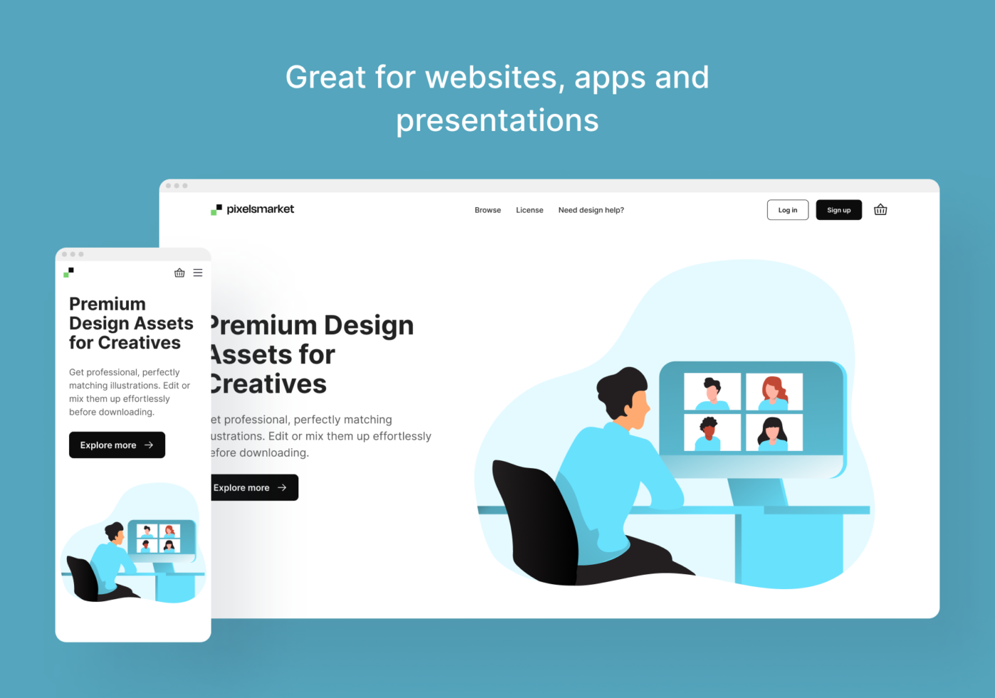 Desktop mockup showing pixelsmarket website with video call illustration on teal background