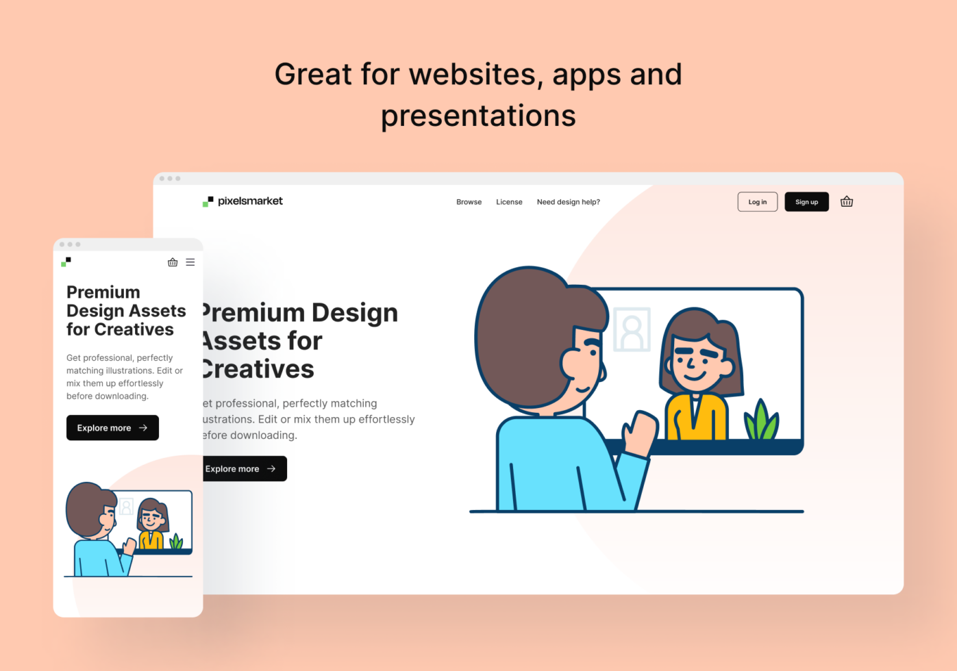 Desktop, tablet mockup showing design asset marketplace with illustration characters