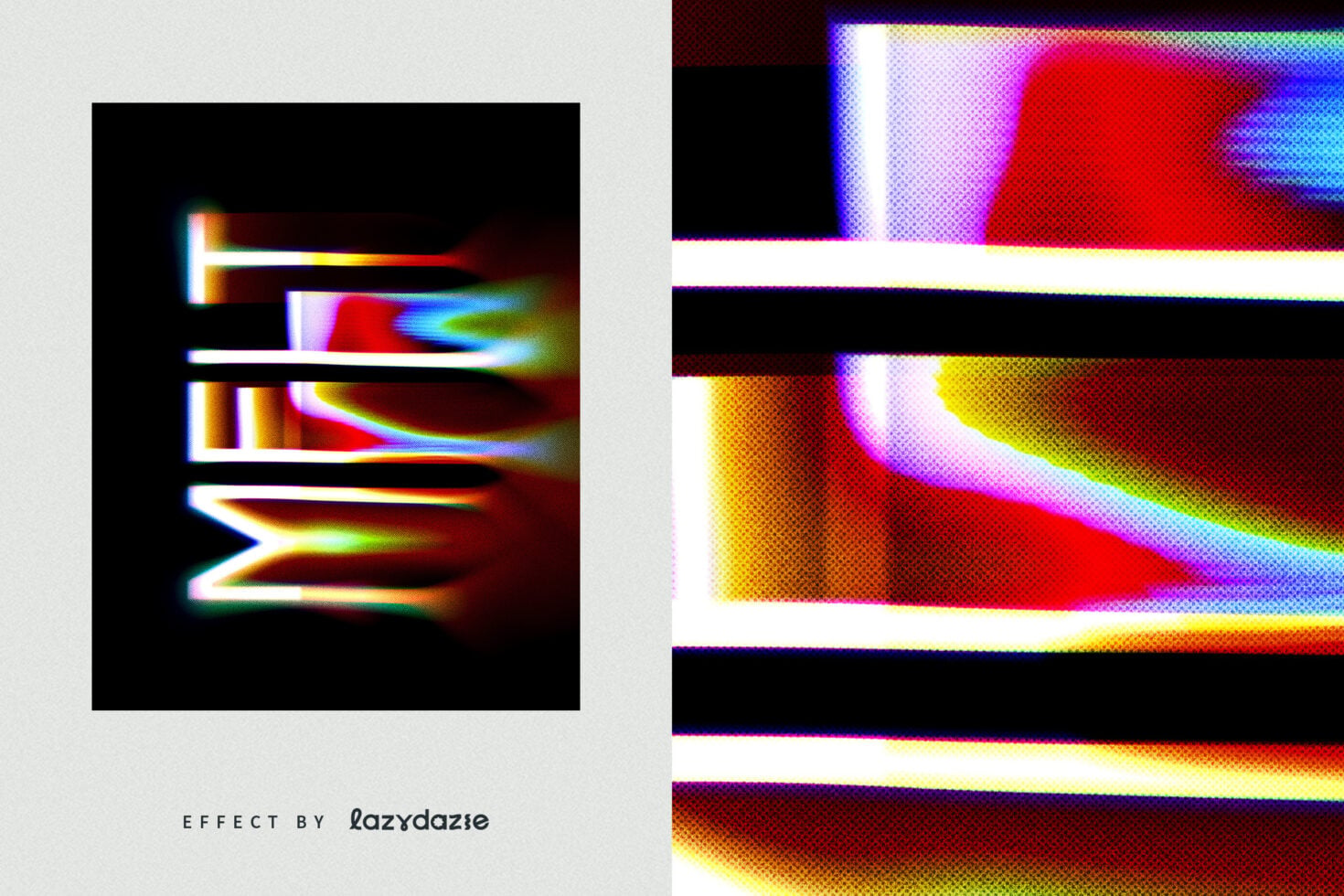 Glitchy RGB chromatic aberration effect with pixelated neon distortion on black background