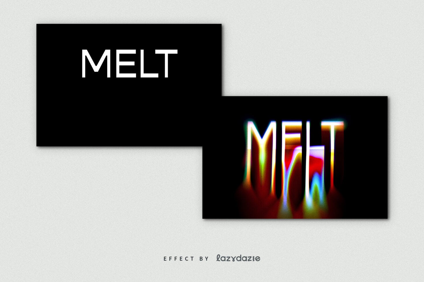 Melt text effect showing clean white type morphing into neon chromatic glitch version