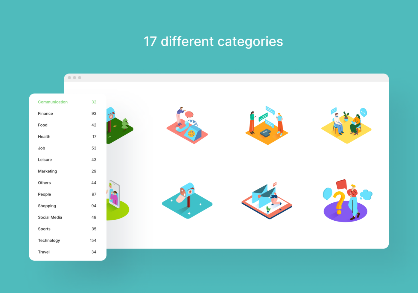 Browser window showing categorized isometric illustration icons organized by topic with counts