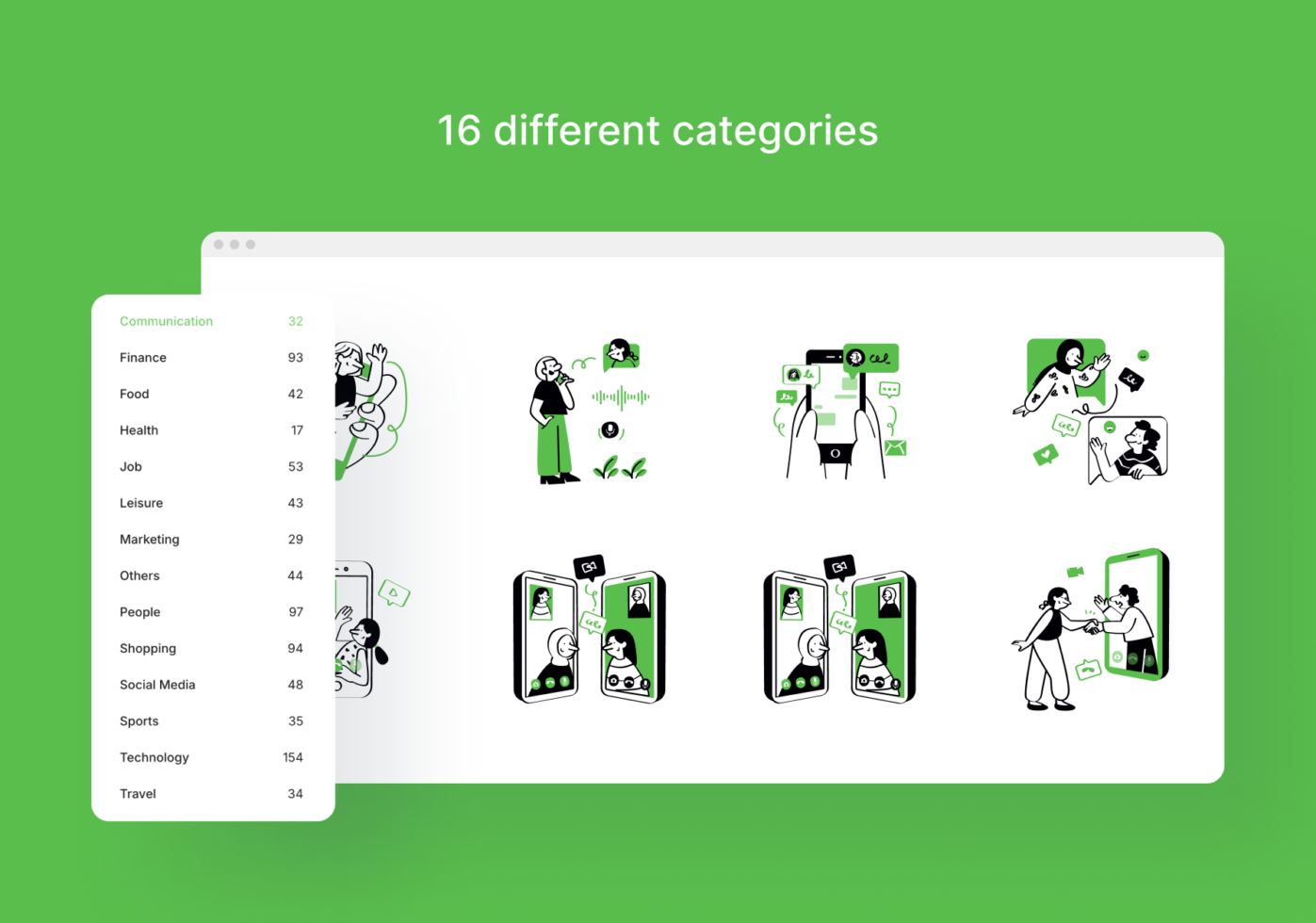 Illustration library dashboard showing 16 categories with line art icons for communication, finance, shopping, tech, travel