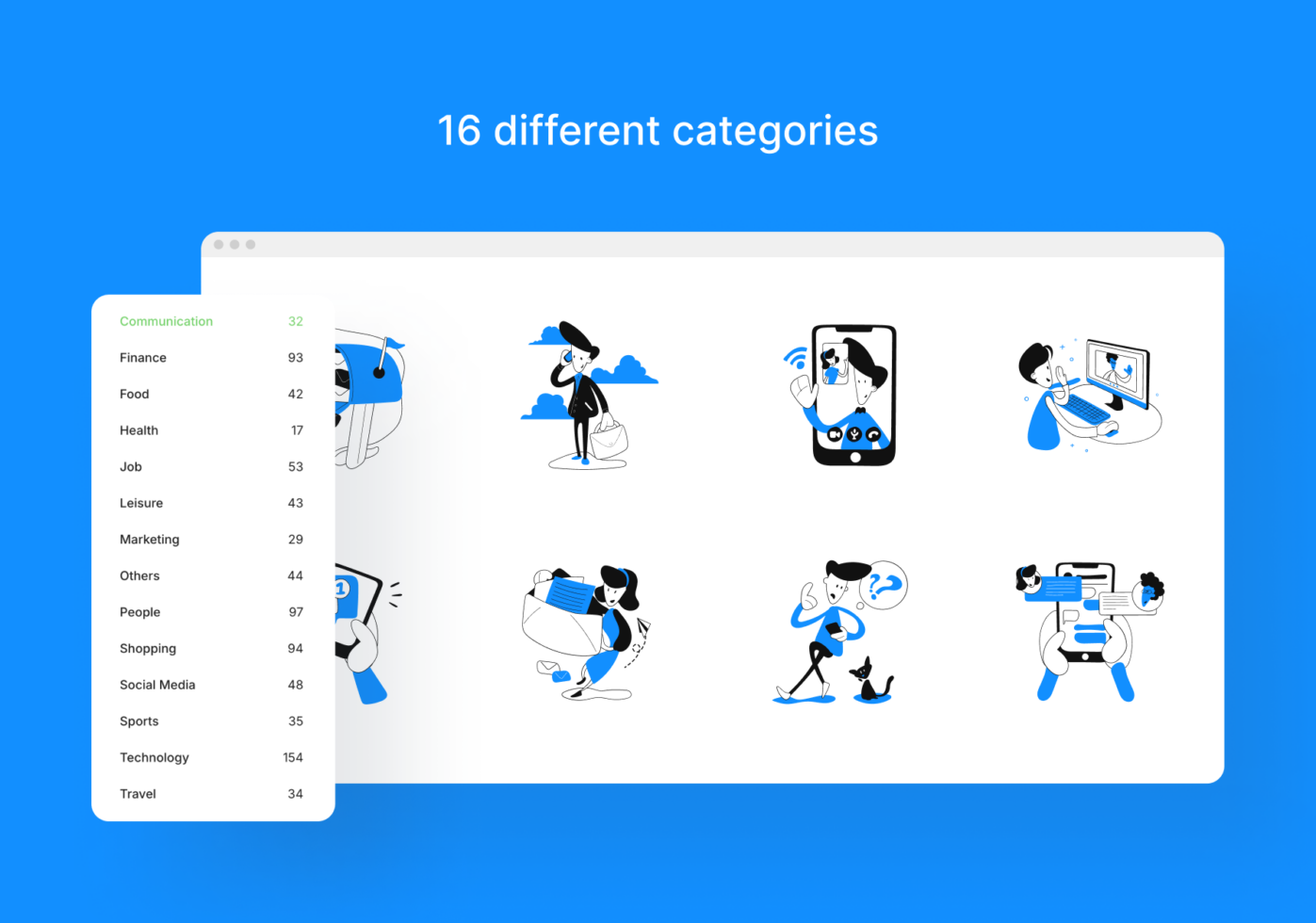 Browser window showing 16 category icons with sidebar menu listing Finance, Food, Health, Job, Leisure, Marketing, Shopping, Social Media, Sports, Technology, Travel