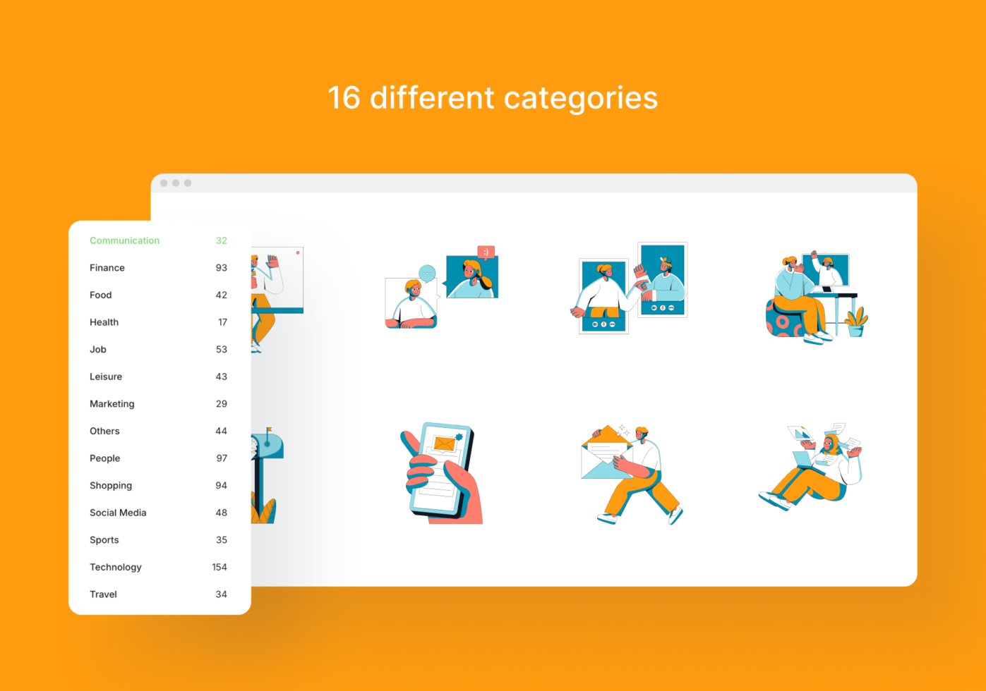 Browser window showing category menu with 16 illustration sets covering communication, finance, food, health, jobs, shopping, technology