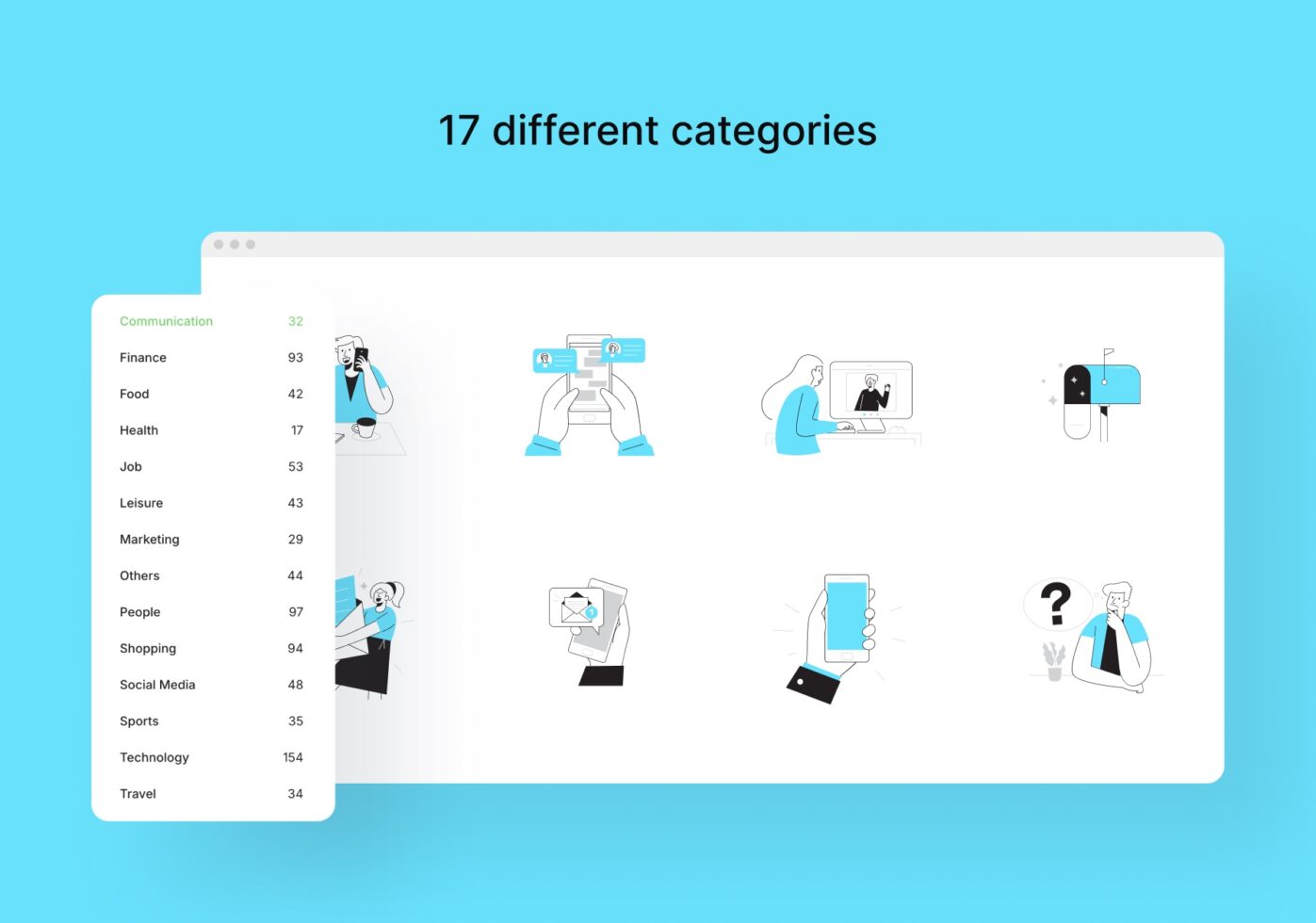 Browser window showing 17 category options with line art illustrations of people using tech, finance, shopping, communication scenarios