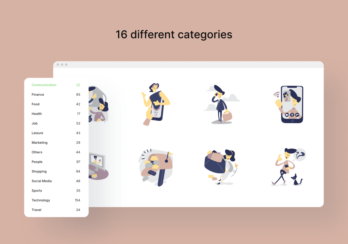 Browser window showing categorized illustration set with 16 topic sections displayed as colorful character scenes