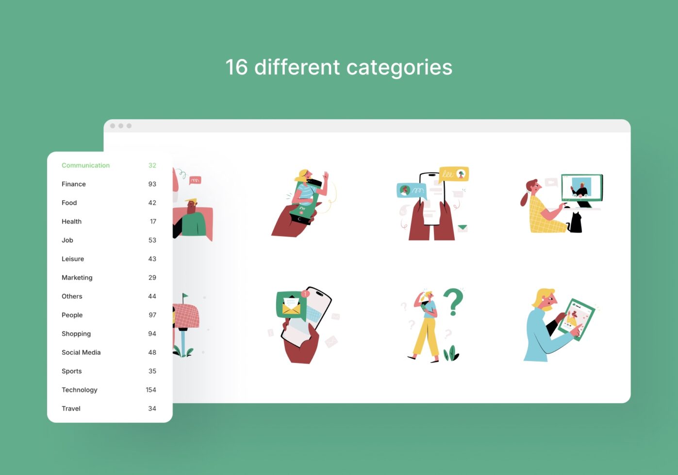 Browser mockup showing 16 category icons with numbered list on mint green background
