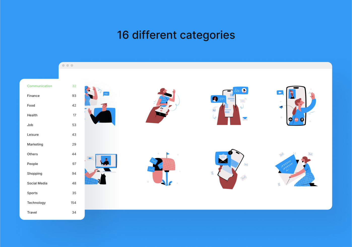 Browser window showing 16 illustration categories with colorful characters doing various tasks on blue background