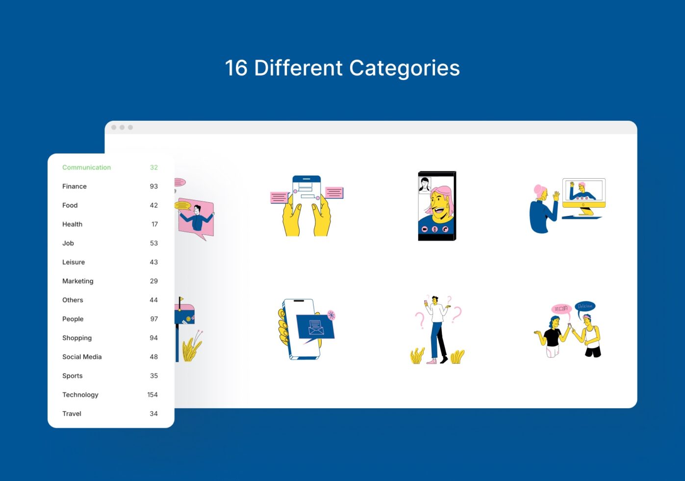 Browser window showing 16 category icons with sidebar menu listing topics like Finance, Food, Job, Shopping, Technology with item counts