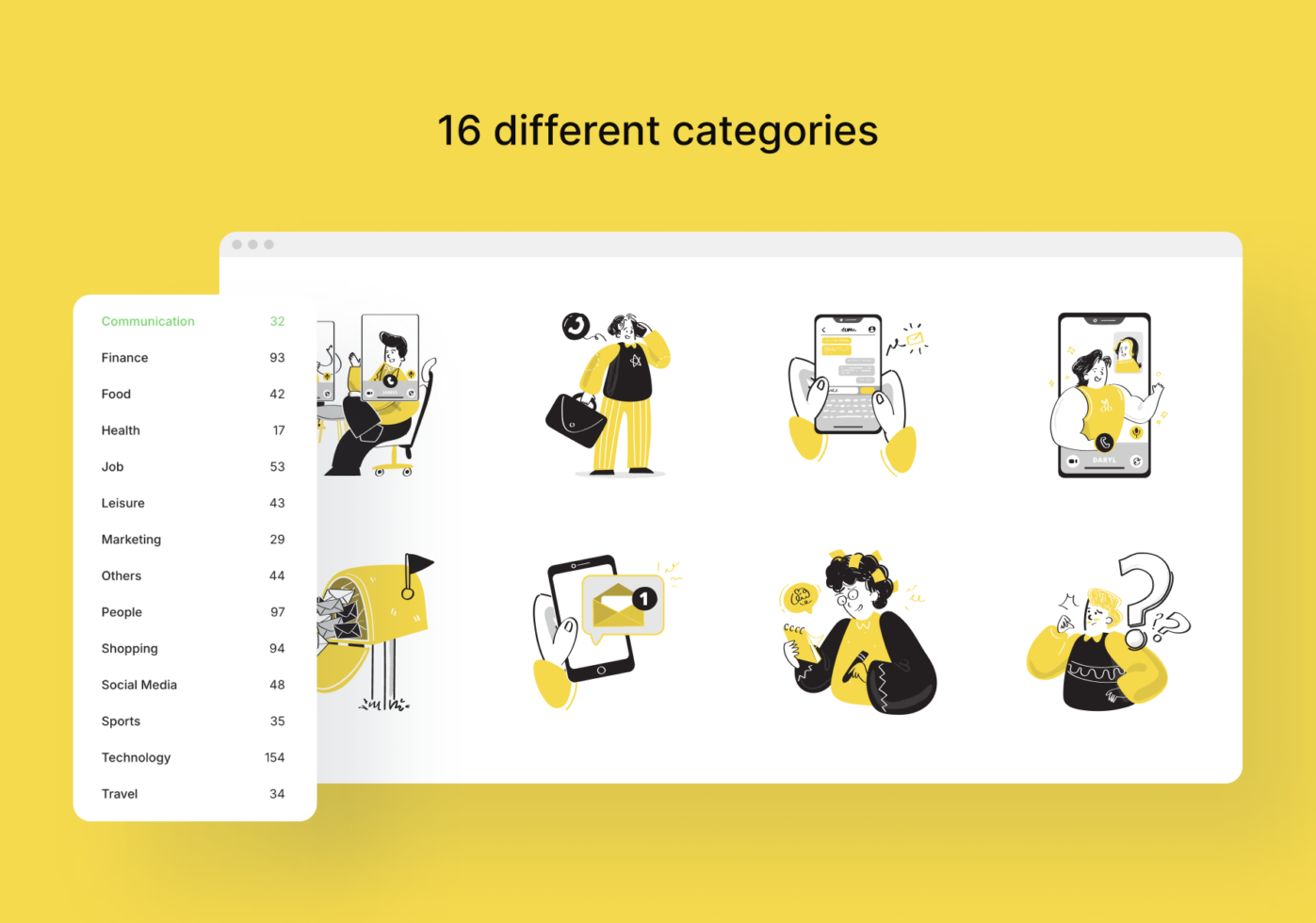 Illustration library interface showing 16 category sections with yellow, black, white character graphics organized in a sidebar menu layout