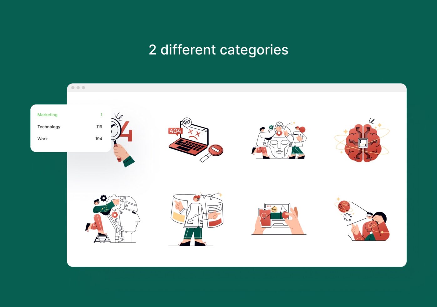 Browser window showing 8 colorful line illustrations split across marketing, technology, work categories