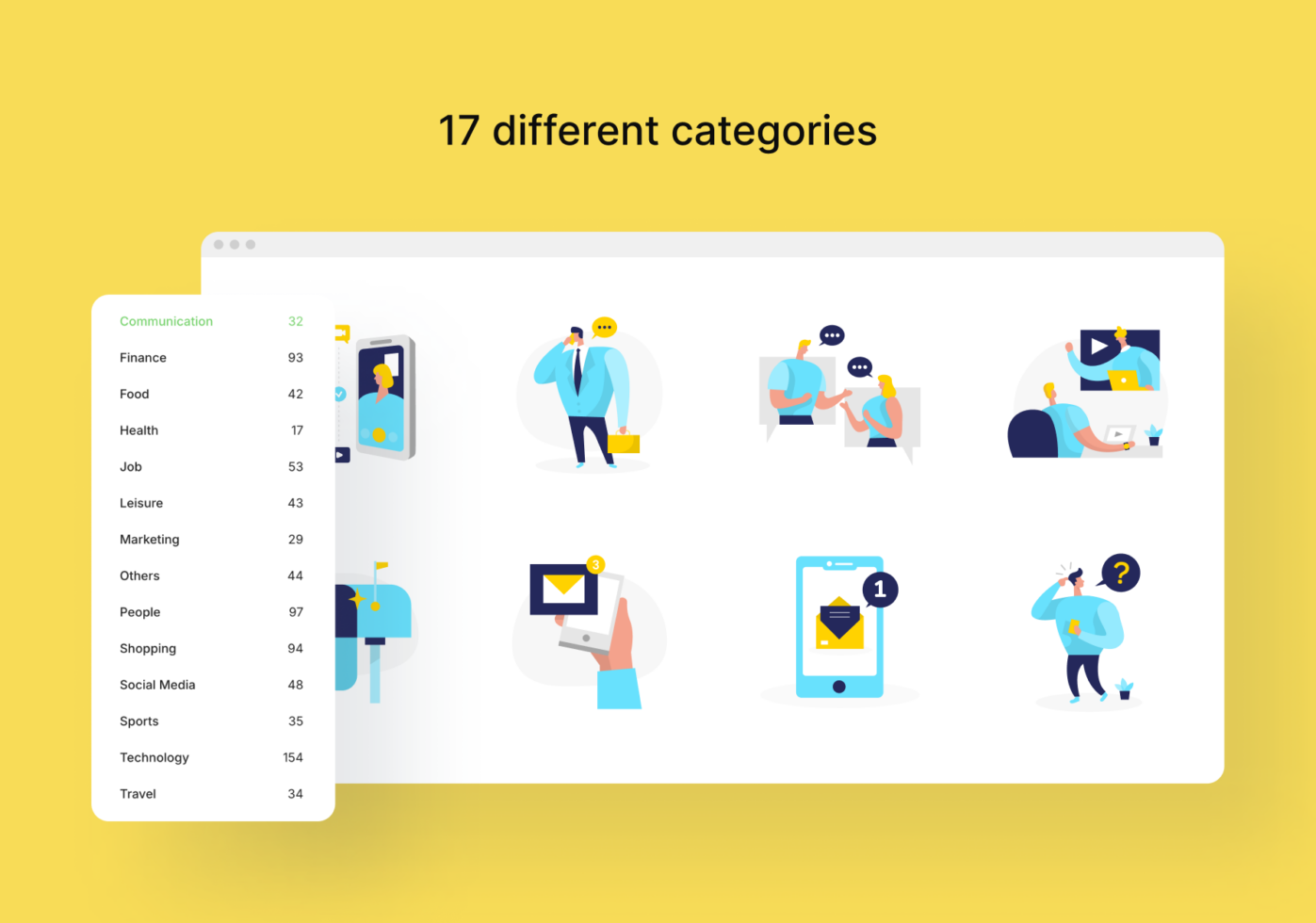 Colorful illustration UI showing 17 category icons with business characters in blue tones on yellow background