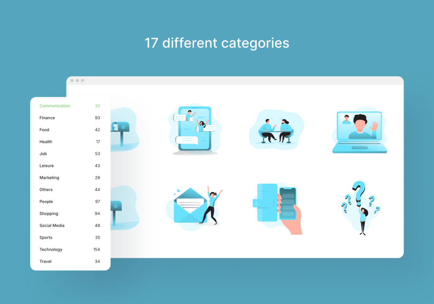 Browser window showing 17 category icons with sidebar menu listing topics like Finance, Health, Job, Marketing with item counts