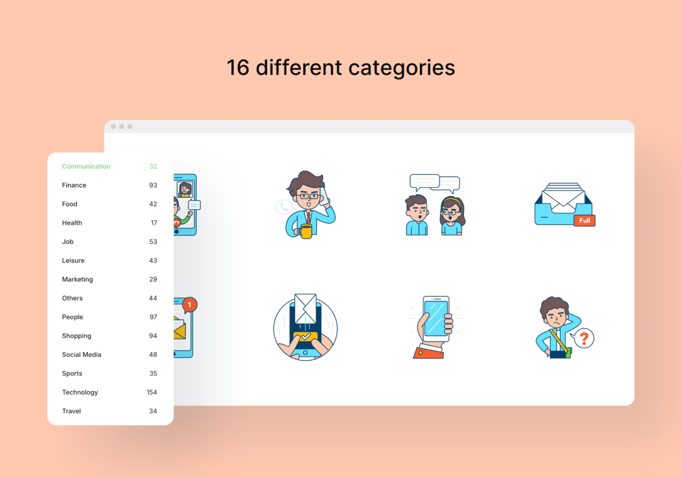 Browser window showing 16 category icons with sidebar menu listing topics like communication, finance, food, health, job, leisure, marketing, people, shopping, social media, sports, technology, travel