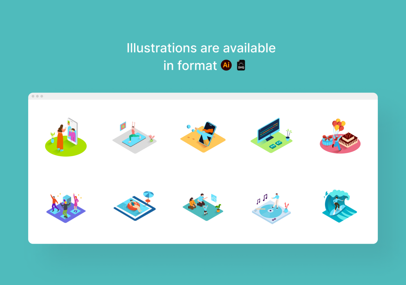 Colorful isometric illustration set showing people doing design work, shopping, partying, surfing available in AI SVG