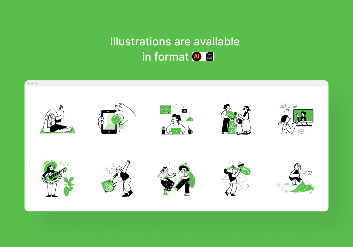 Grid of line art illustrations showing people doing everyday stuff with money, tech, music, sports on bright green background