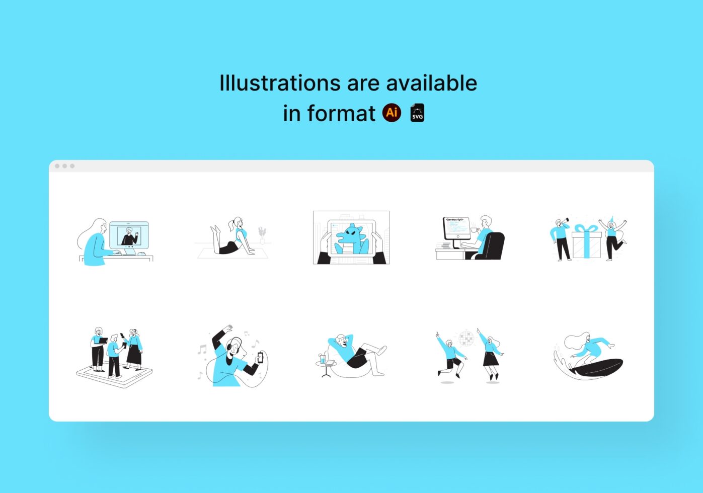 Collection of business scene illustrations with people working, celebrating, video calling in AI plus SVG formats