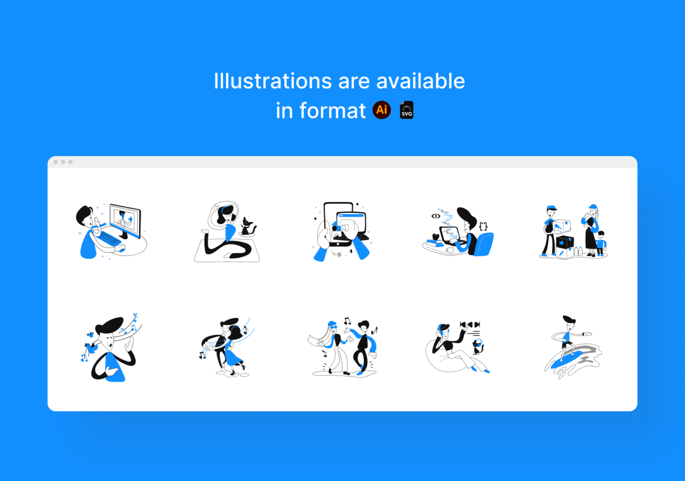 Collection of 10 illustrated characters doing tech work, coding, design tasks in bright blue line style