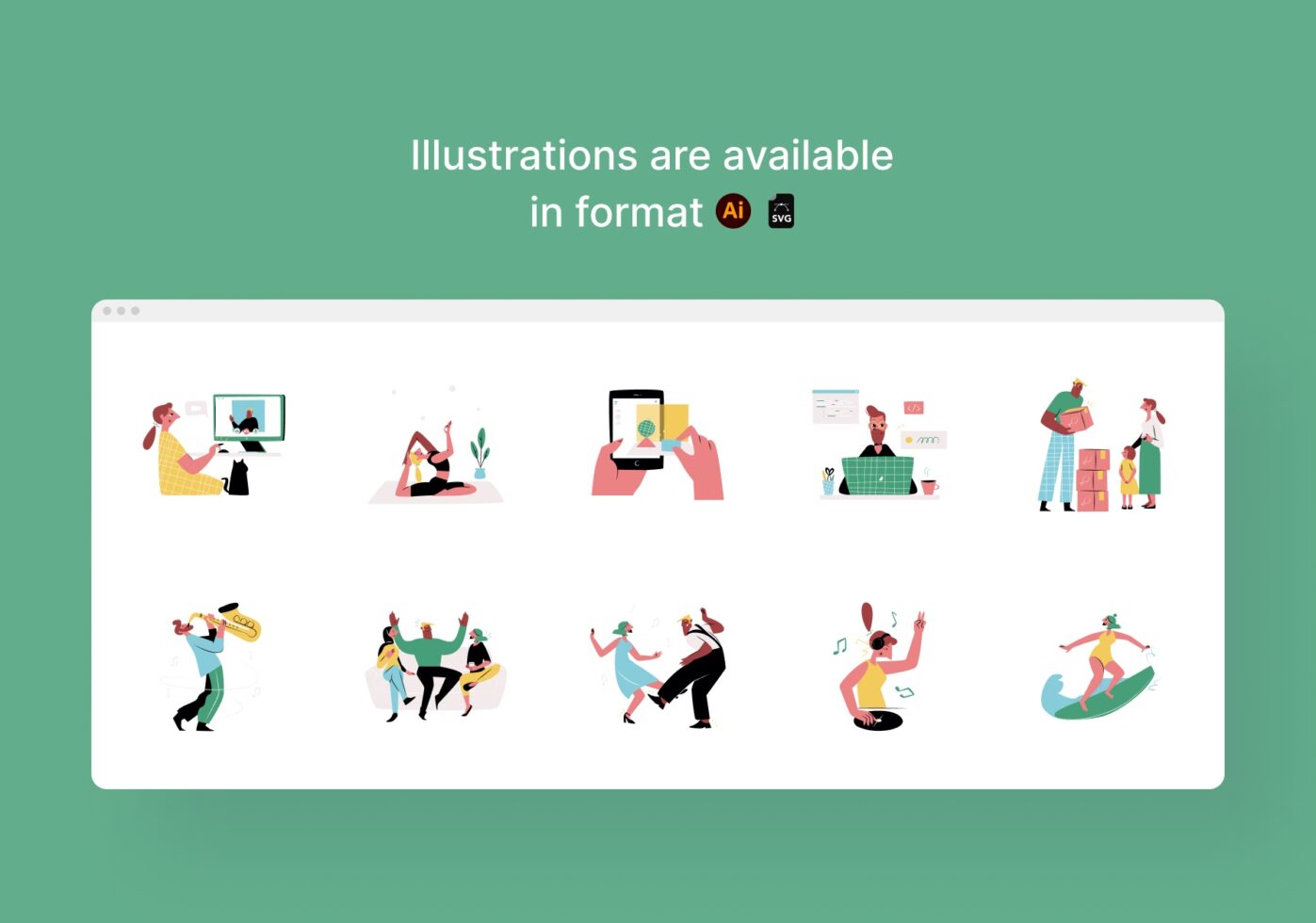 Collection of colorful illustration scenes with people working, dancing, shopping, available in AI plus SVG
