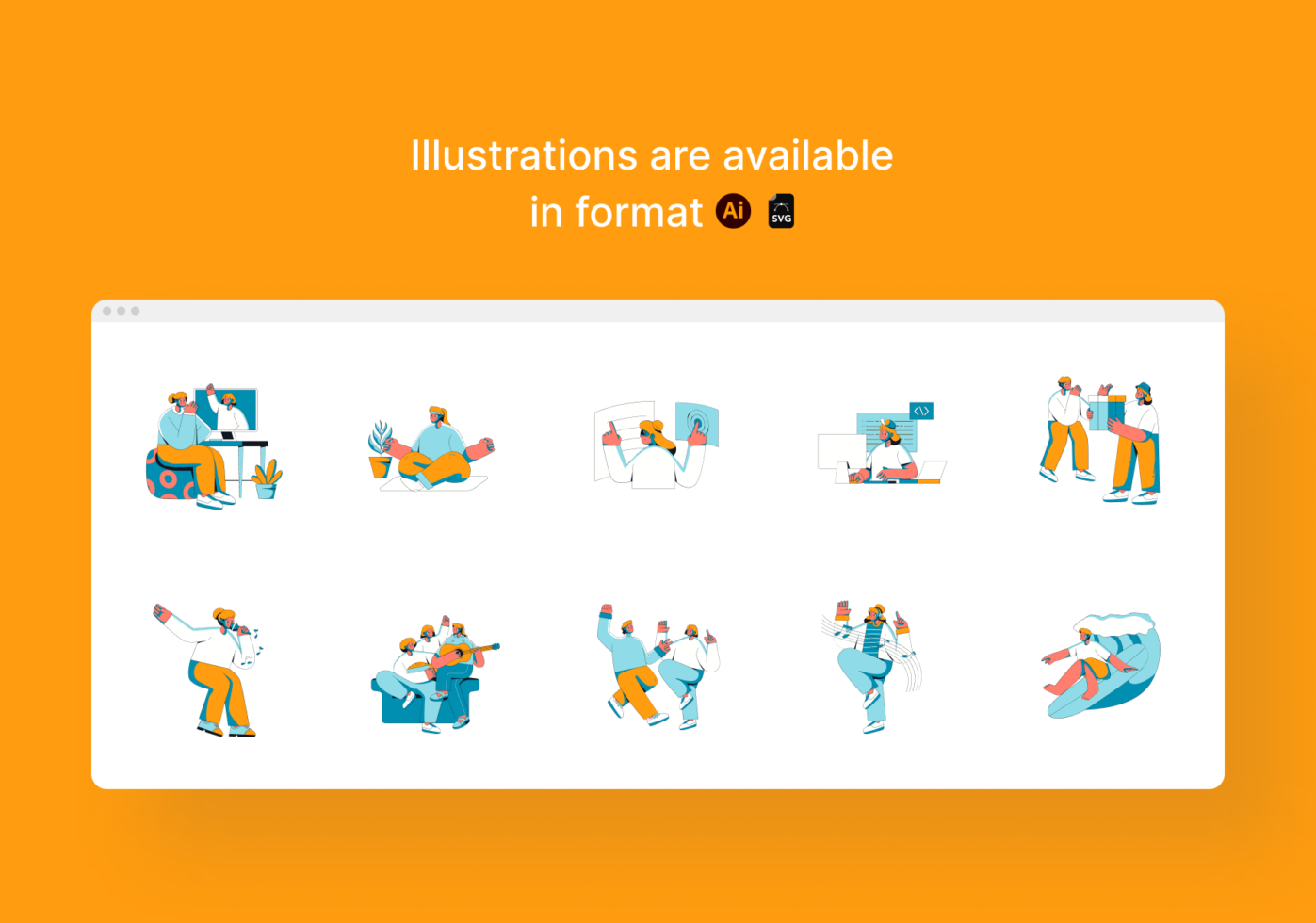 Colorful illustration pack showing people working, collaborating, coding with bright blue, orange tones in AI SVG