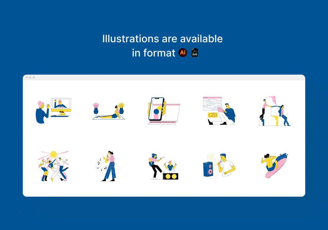 Colorful illustration set showing people working with tech, coding, music, design tools on blue background