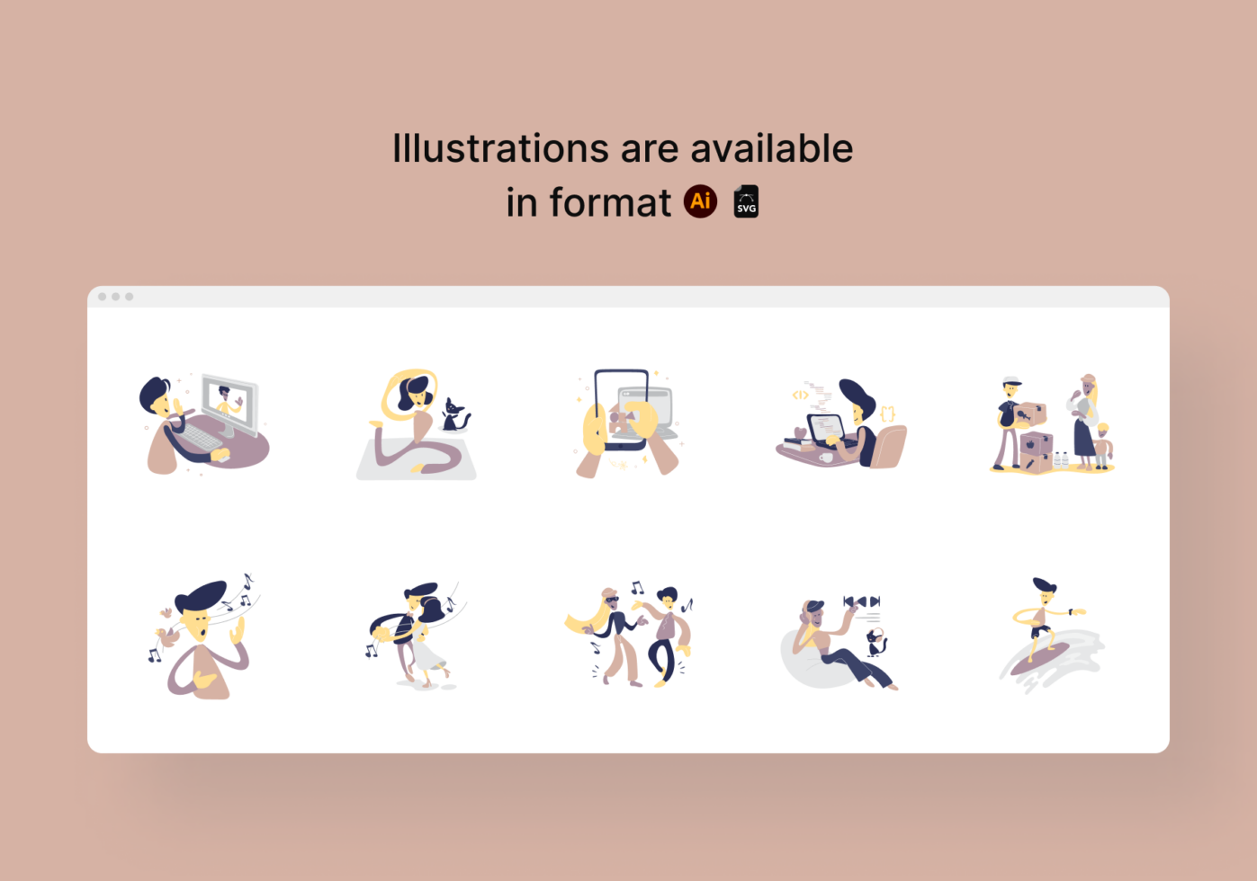 Grid of lifestyle illustrations showing people working, creating, dancing, listening to music in warm tones