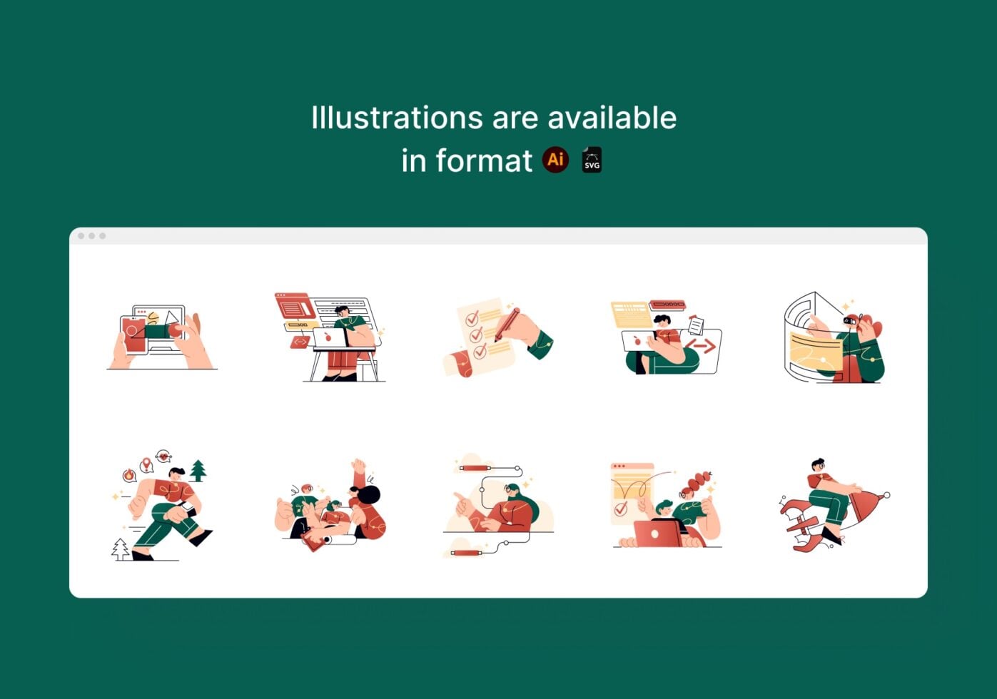 Ten colorful illustration scenes showing people working on design, development, planning, coding tasks