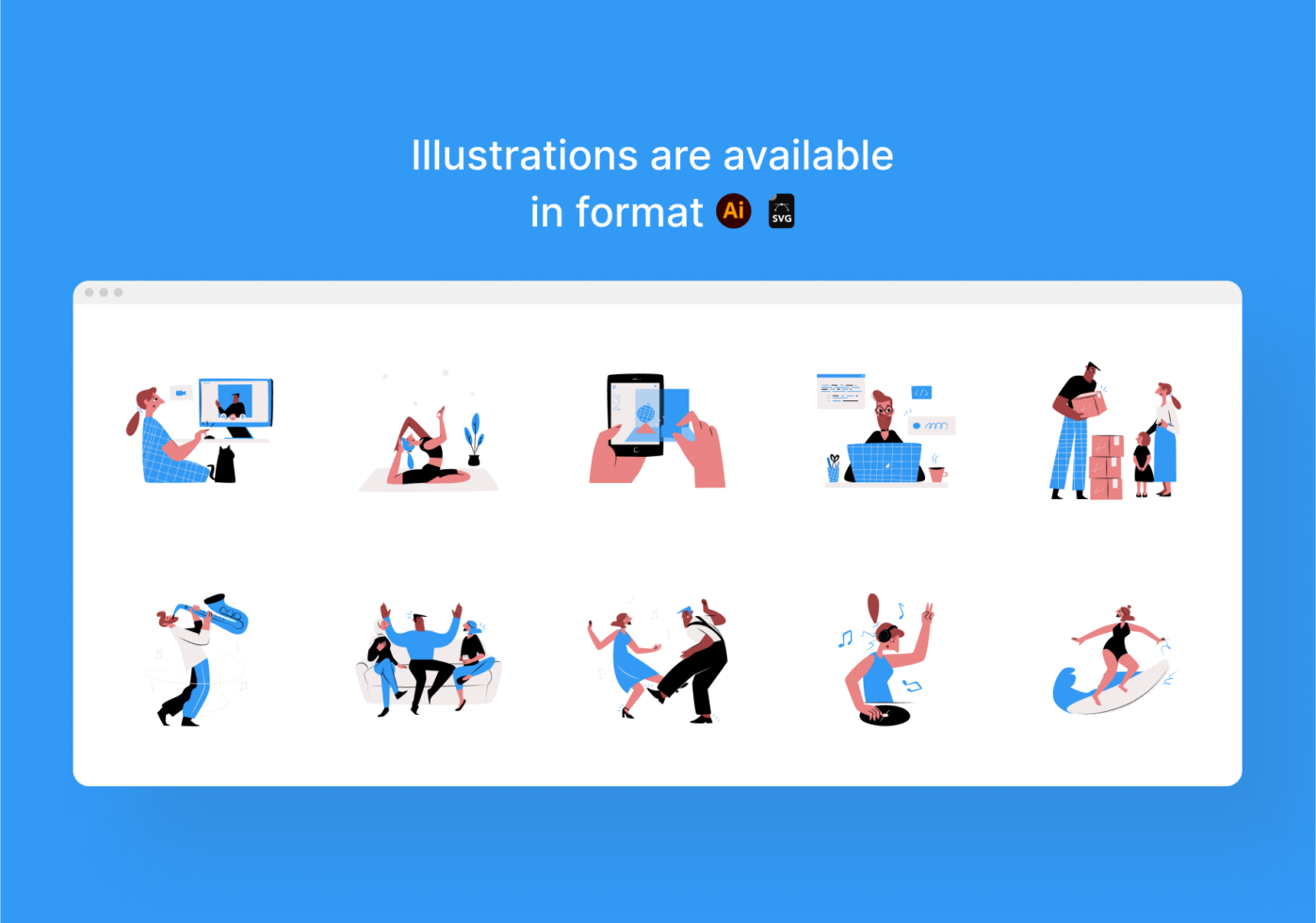 Colorful character illustrations showing people working, collaborating, dancing, moving boxes, in AI SVG formats