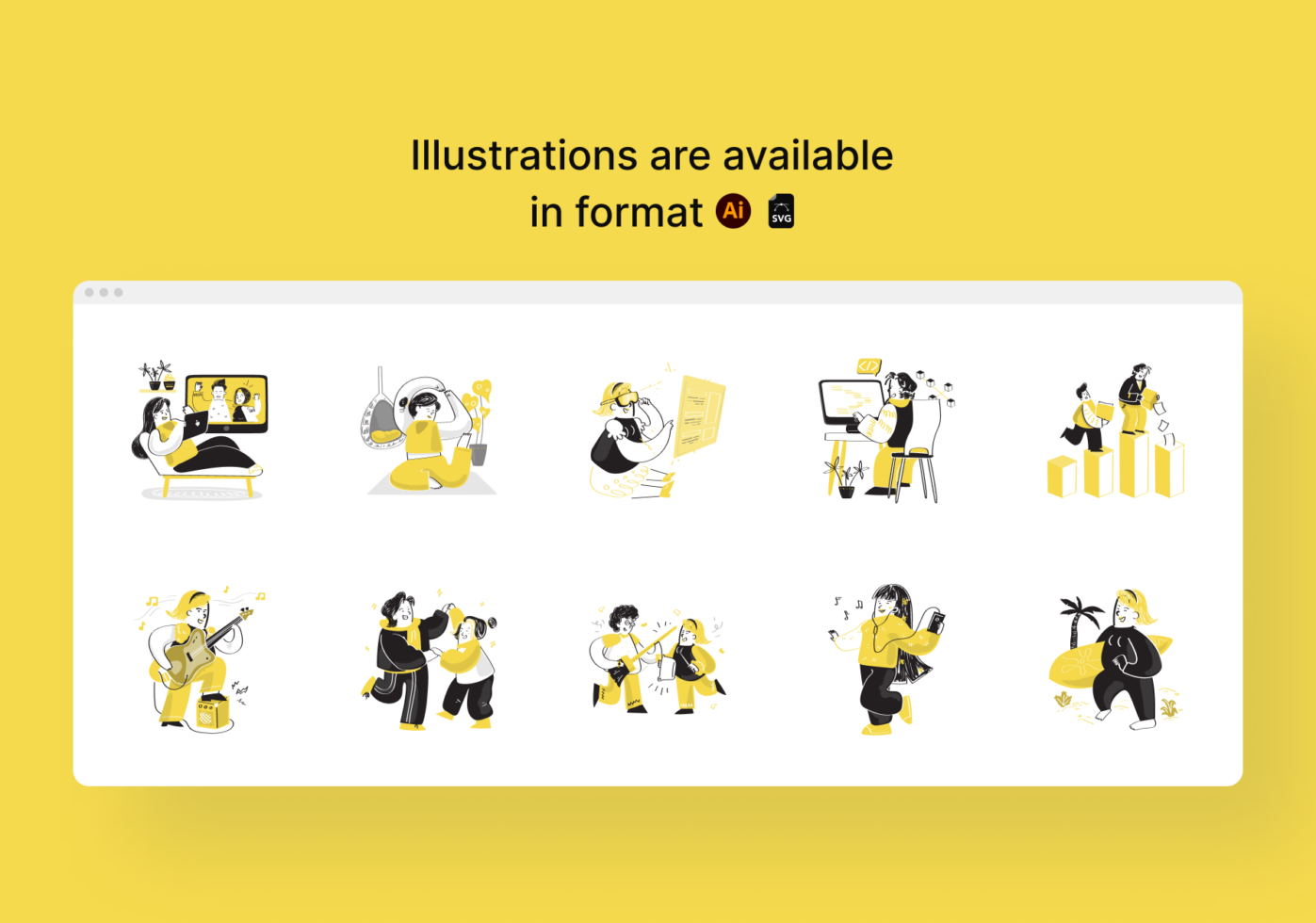Business illustration set with 10 characters in yellow, black, working on laptops, charts, music